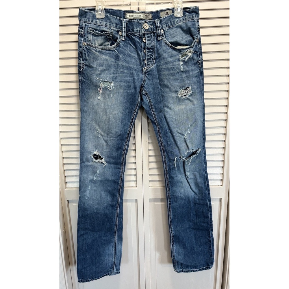 BKE Buckle Aiden Denim Jeans Straight Leg Med Wash Size 32L Logo Button Fly